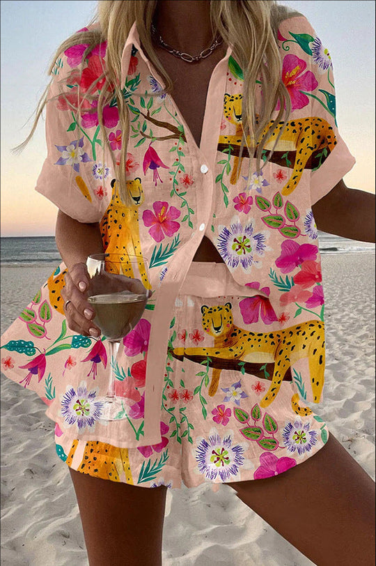 Women's Fashion Printed Casual Vacation Style Cardigan Shorts Suit Beauty hair & fashionfj