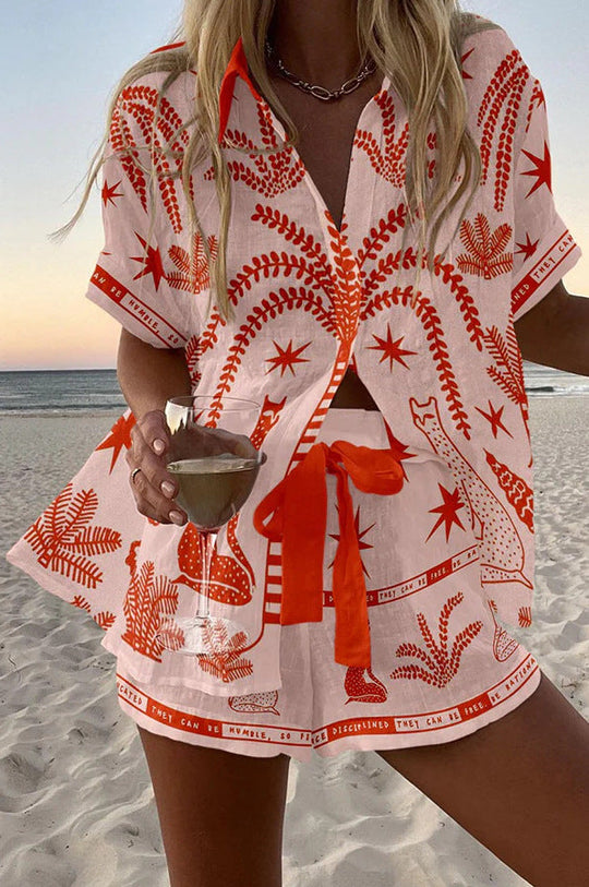 Women's Fashion Printed Casual Vacation Style Cardigan Shorts Suit Beauty hair & fashionfj