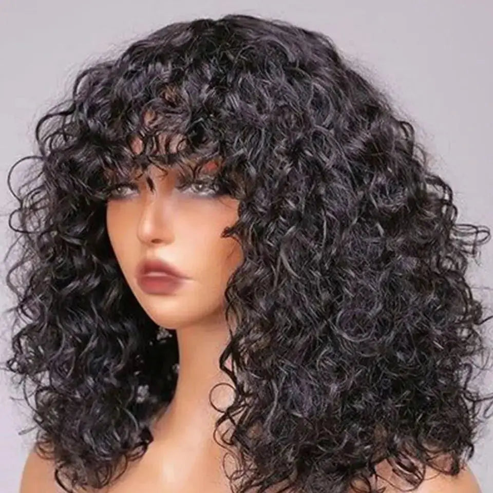 Fringe Bang Wig With Deep Wave Human Hair Water Wave Natural  Deep Curly Brazilian Hair Wigs 180% Density For Women Beauty hair & fashionfj