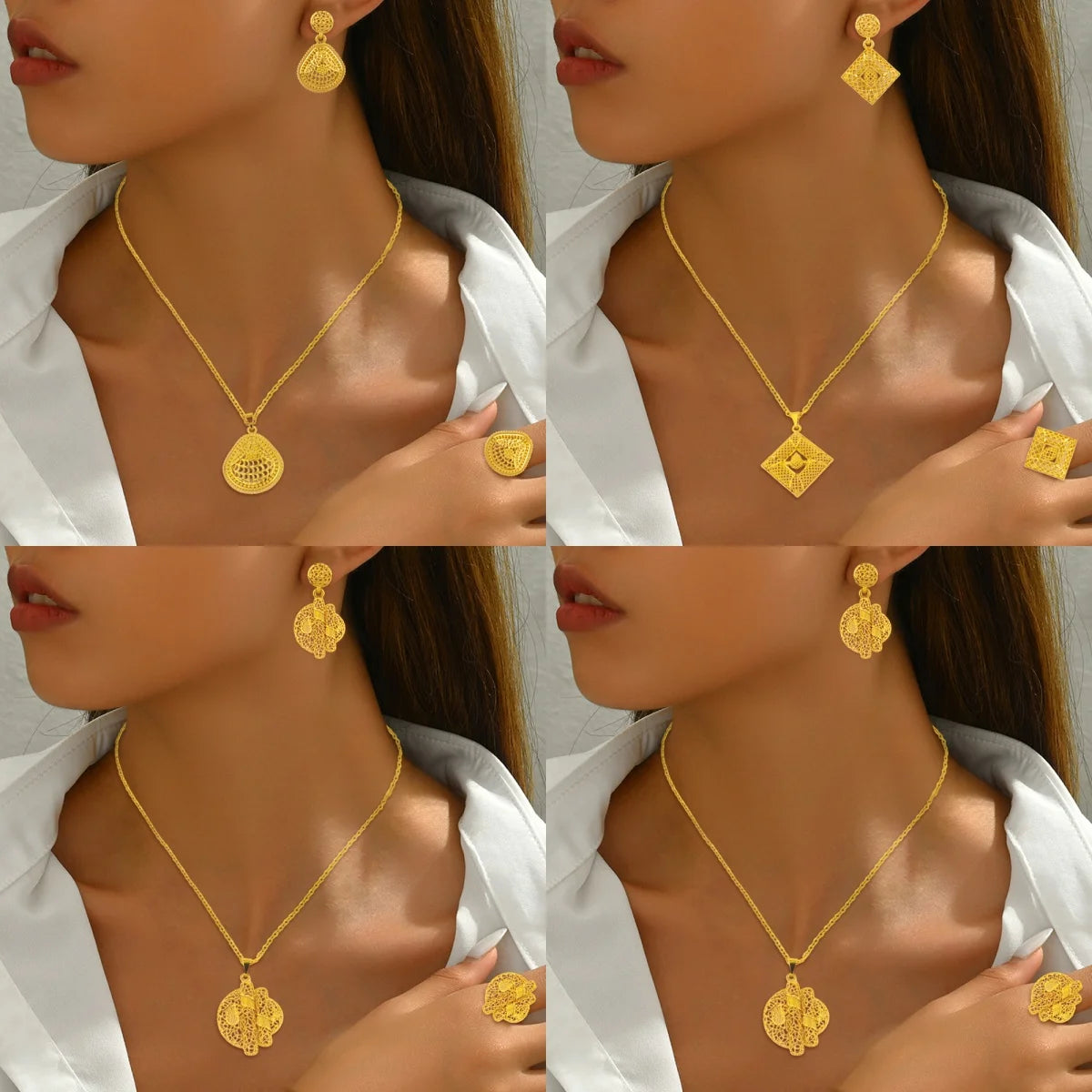 Mid East Gold-plated 3pcs Jewelry Set For Women India Dubai Jewelry Geometry Earrings Necklace Ring Set Apply for Party Wedding