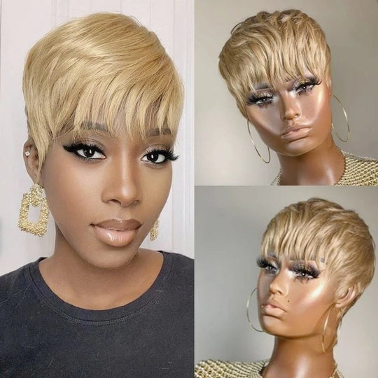 WIGERA Highlight Synthetic Short Straight Pixie Cut Hair Bob Wig Ombre Honey Blonde Mix Black Bronw Layered Hair Wigs For Woman
