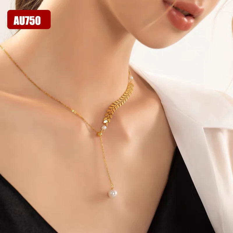 Real 18K Gold Wheat Ear Necklace For Women Natural Freshwater Pearl Necklace Wedding Party Valentine's Day Gift AU750 Jewelry Beauty hair & fashionfj
