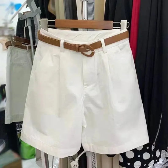 Summer Cotton Shorts for Women Korean Loose Casual Wide Leg Short Belt Solid Color Rose Red Women&