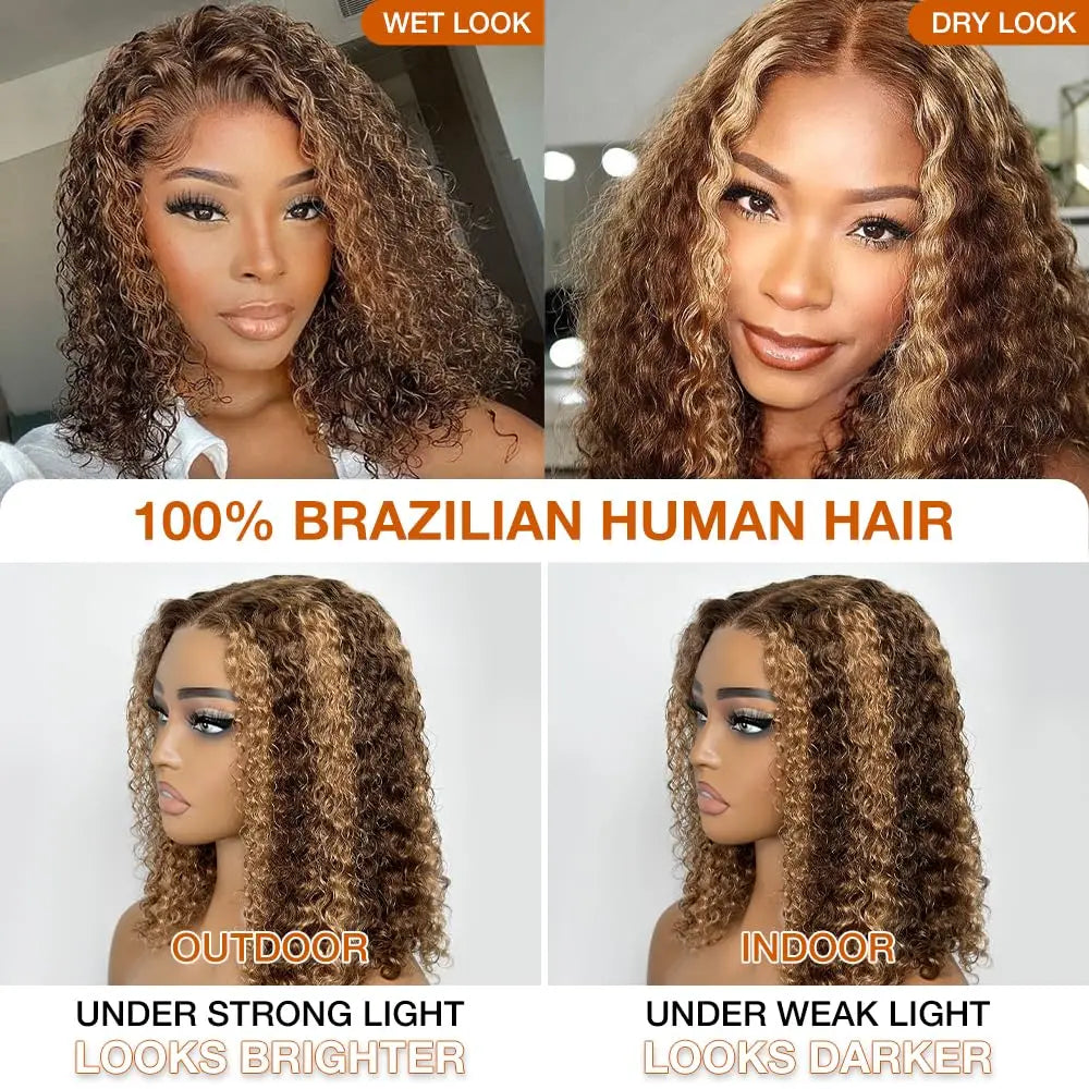 Deep Wave Honey Blonde Glueless Bob Wigs Human Hair Pre Plucked Pre Cut Highlight Wear and Go Curly Wigs Ombre HD Lace Front Wig Beauty hair & fashionfj
