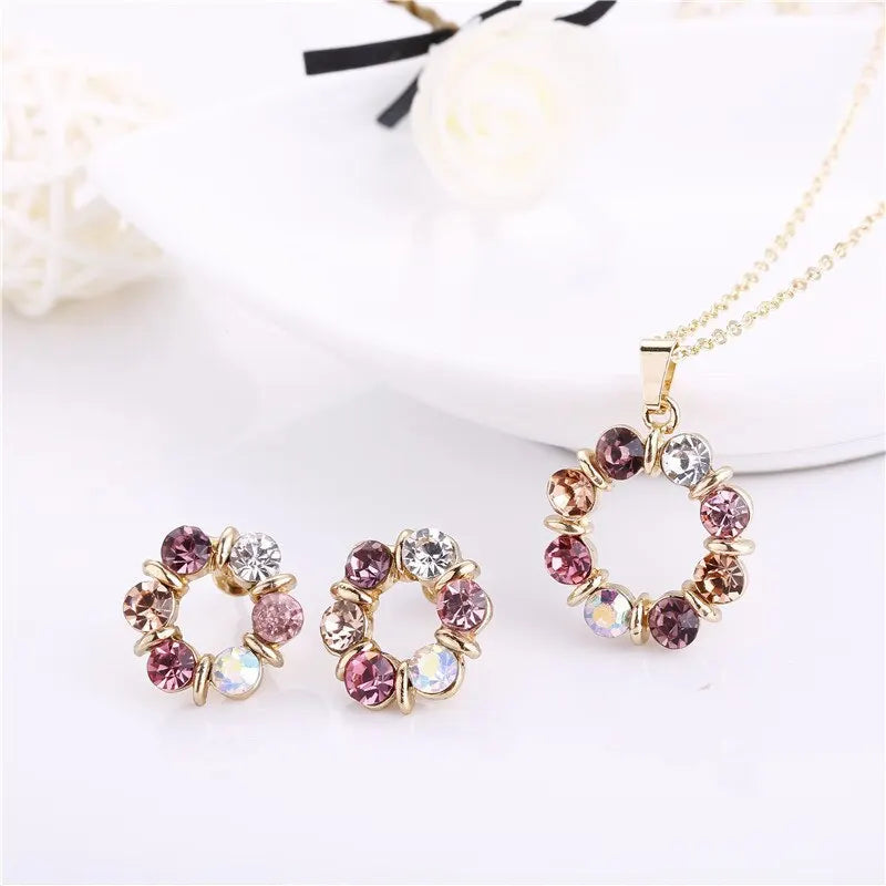 3pcs Gold Necklace Earrings Set Ladies Celebrity Simple Fashion Style Exquisite Stained Glass Diamond Circle Shape Jewelry Beauty hair & fashionfj