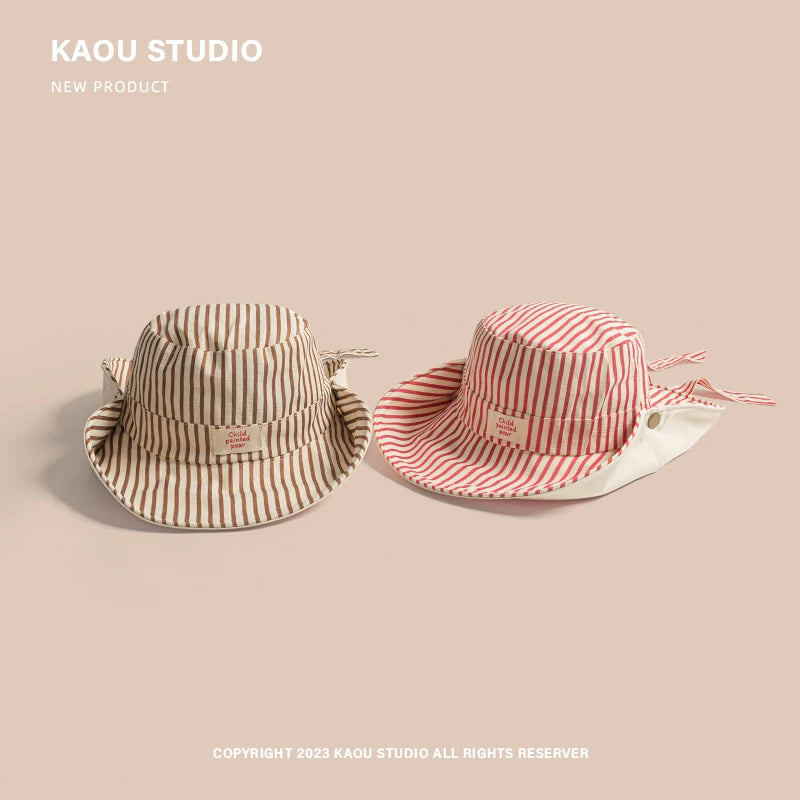 Korean Version Ins Retro Striped Big Brim Sun Hats for Women Summer Travel Sunscreen Versatile Fashion Strap Bucket Hat Beauty hair & fashionfj