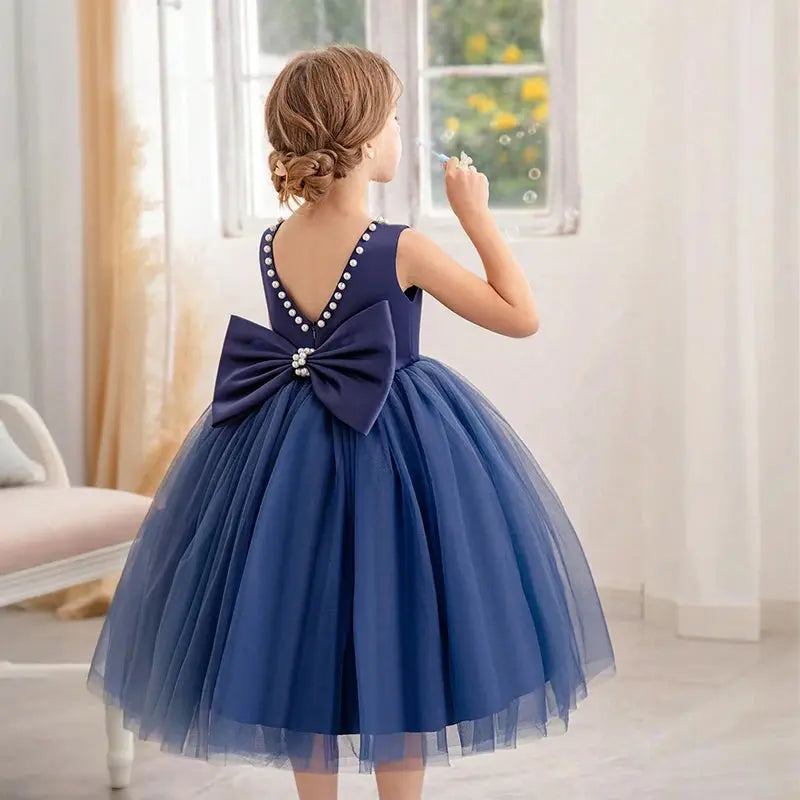 Summer Girls Party Dresses for Kids 3-8 Years Birthday Tulle Pearl Formal Evening Dress Backless Bow Flower Girl Wedding Dress Beauty hair & fashionfj