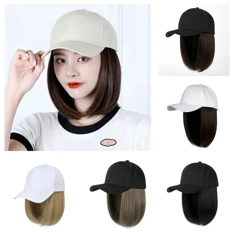 Fashion 8inch Hat Wigs Black Golden Synthetic Short Bob Straight Wig With White Black Baseball Cap Adjustable Hat Wigs For Women Beauty hair & fashionfj