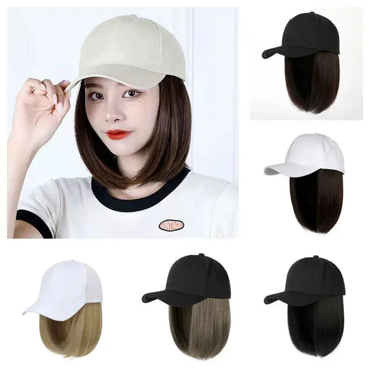 Fashion 8inch Hat Wigs Black Golden Synthetic Short Bob Straight Wig With White Black Baseball Cap Adjustable Hat Wigs For Women Beauty hair & fashionfj