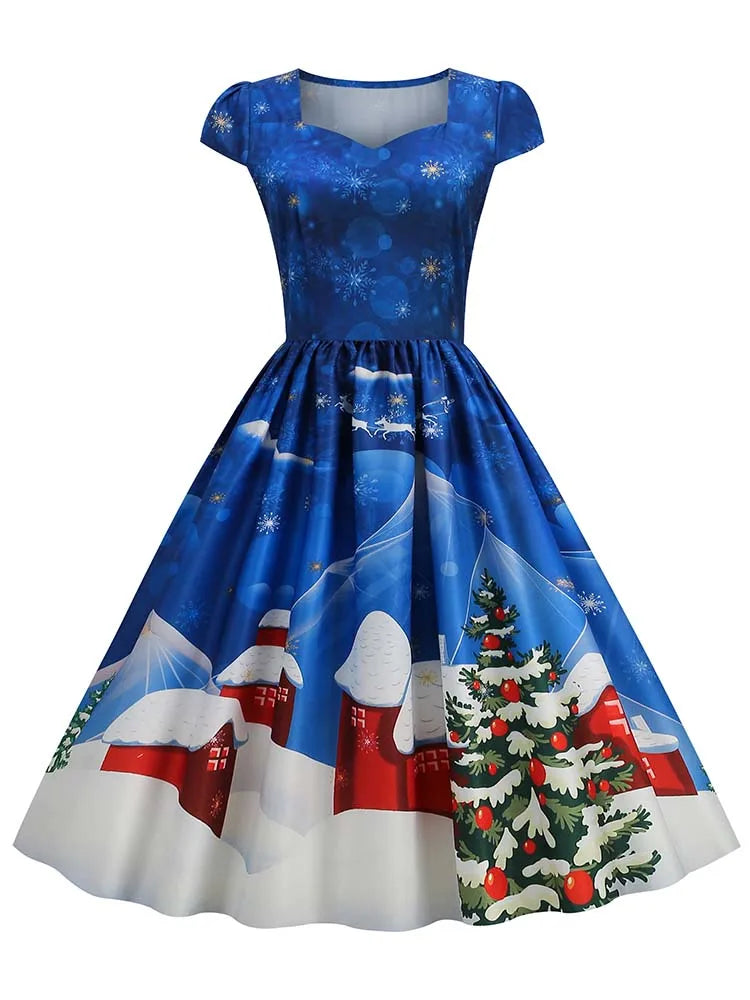 Christmas Dresses for Women Winter Pinup Rockabilly Sexy Cosplay Party Dress Santa Claus Snow Print Cocktail Prom Dress