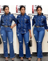 Two Piece Set Women Cowboy Suit Jean Jacket Single Breasted Turndown Collar Hole Flare Pants Female Outfits Casual Ensemble Beauty hair & fashionfj