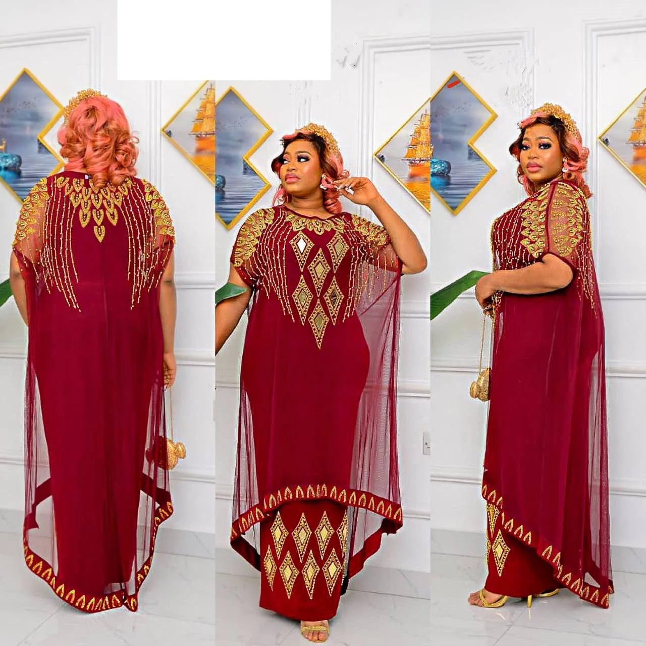 Fake Two-Piece African Dresses for Women 2023 Traditional Nigeria Mesh Hot Drill Caftan Dress Abaya Musulman Robe Femme Clothes Beauty hair & fashionfj