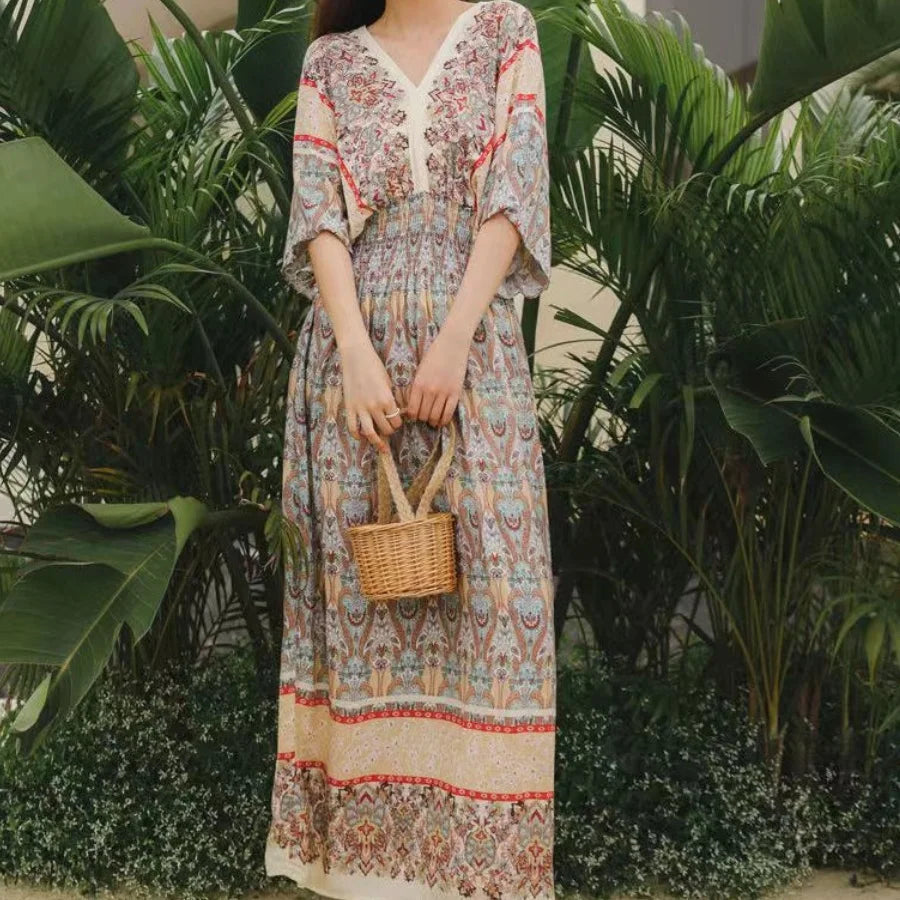 Summer Trend Ethnic V-Neck Printed Women's Dress Vintage Elegant Batswing Sleeves Elastic Waist Large Swing Casual Holiday Dress Beauty hair & fashionfj