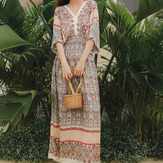 Summer Trend Ethnic V-Neck Printed Women's Dress Vintage Elegant Batswing Sleeves Elastic Waist Large Swing Casual Holiday Dress Beauty hair & fashionfj