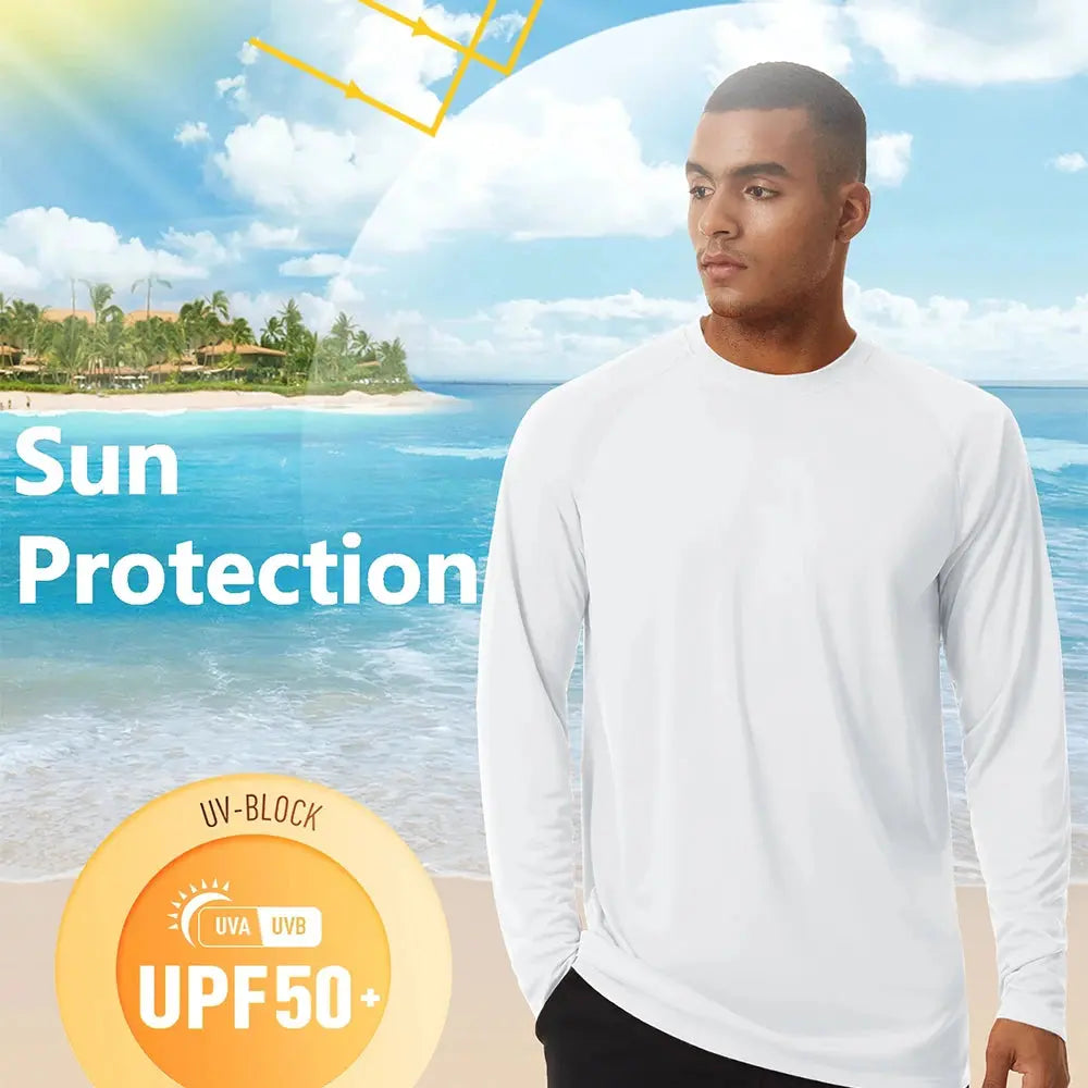 UPF50+ Men's Sunscreen UV Protection T-shirt Solid Color Long-sleeved Round Neck Outdoor Hiking Fishing Quick-drying Tops Beauty hair & fashionfj