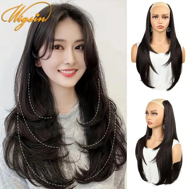 WIGSIN 22Inch Synthetic V-shaped Layered 4 Clips Long Straight Hair Extension Fashion Invisible Hairpiece Wig for Women Beauty hair & fashionfj