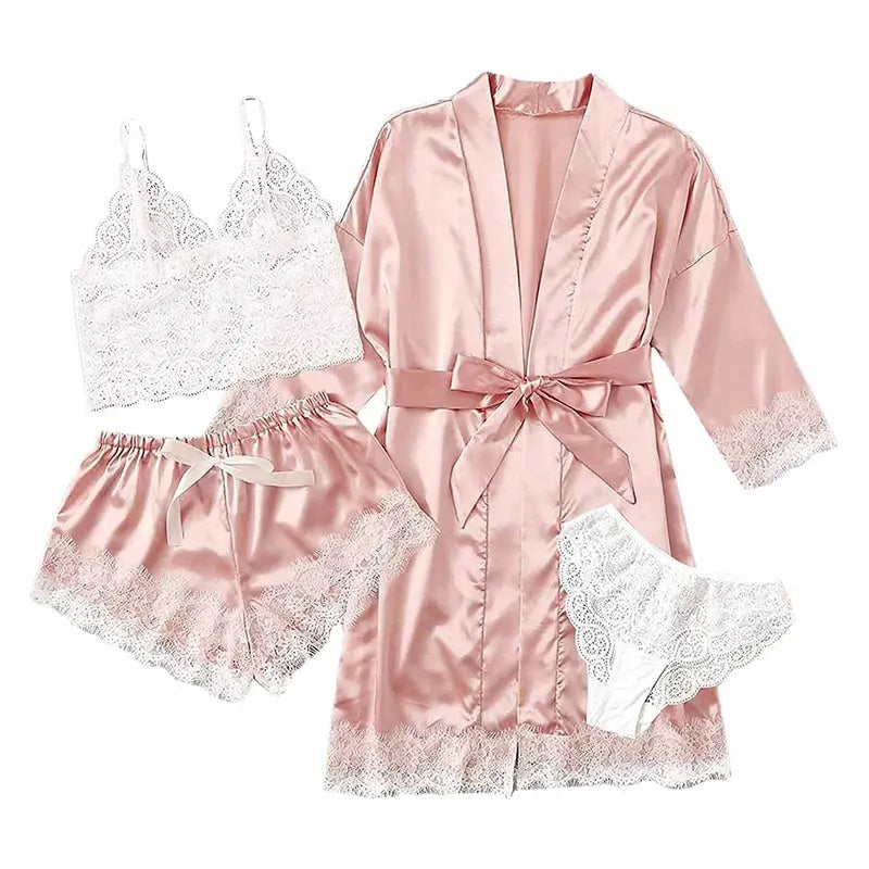 Women's Summer Sexy Pajama Pants Set 4 Pieces Lace Satin With Silk Sleepwear Robe Fashion And Comfortable Nightwear Beauty hair & fashionfj