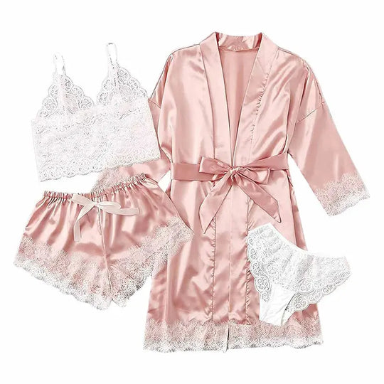Women's Summer Sexy Pajama Pants Set 4 Pieces Lace Satin With Silk Sleepwear Robe Fashion And Comfortable Nightwear Beauty hair & fashionfj