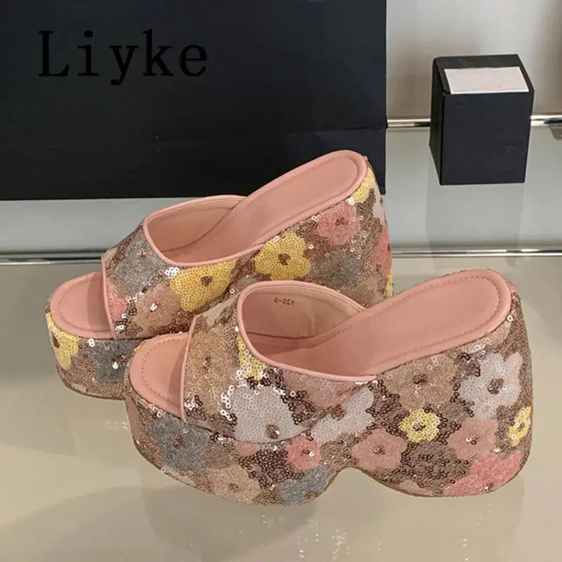Liyke Fashion Design Mixed Colors Sequined Platform Wedges Slippers Sandals Summer Party Banquet Super High Heels Shoes Women Beauty hair & fashionfj