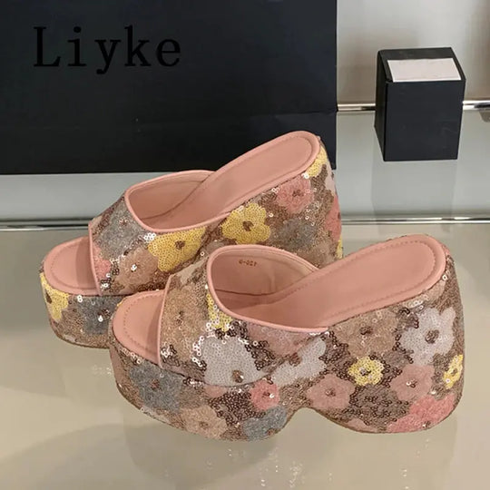 Liyke Fashion Design Mixed Colors Sequined Platform Wedges Slippers Sandals Summer Party Banquet Super High Heels Shoes Women Beauty hair & fashionfj