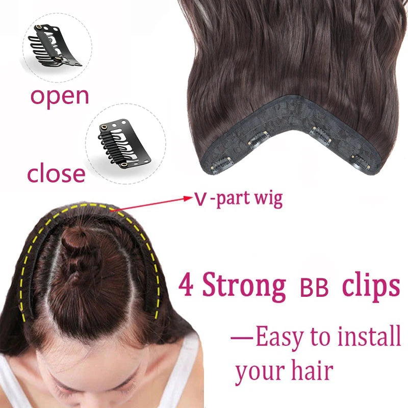 20Inch Synthetic Long Wavy Curly 4 Clip in Hair Extension V-shaped Heat Resistant Black Blonde Hairpiece for Women Beauty hair & fashionfj