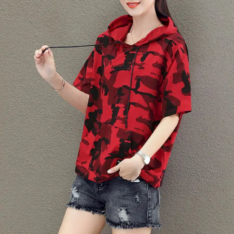 Hooded T-shirt Women Camouflage Short-sleeved Cotton T Shirt Summer Korean Style Tops Loose Thin Camouflage Uniform Student Tops Beauty hair & fashionfj
