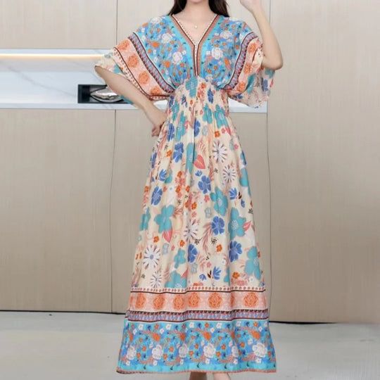 Summer Trend Ethnic V-Neck Printed Women's Dress Vintage Elegant Batswing Sleeves Elastic Waist Large Swing Casual Holiday Dress Beauty hair & fashionfj