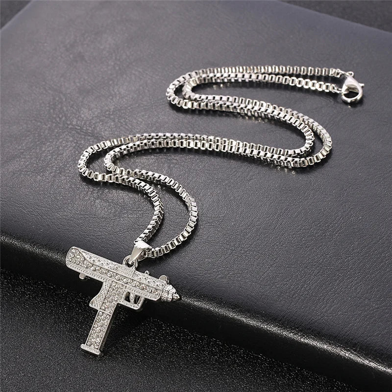Gold Plated Necklace Uzi Gun Pendant Necklace Alloy Full Crystal Bling Submachine Chain Hip Hop Accessories Male Necklace Beauty hair & fashionfj