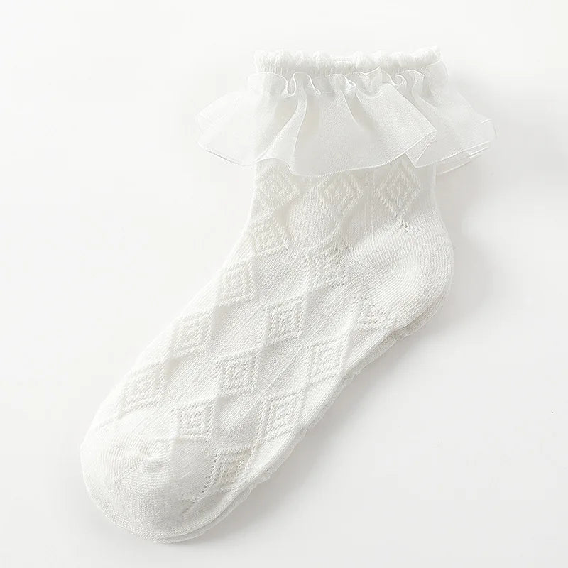1 Pair Baby Girls Kids Socks Lace Ruffle Princess Mesh Children Short Breathable Cotton White Black Dance Toddler Socks
