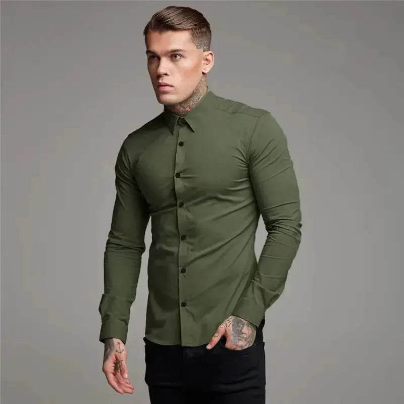 Men's Shirt Fashion Full Sleeve Shirt Men's Muscle Casual Slim-fit Business Dress Solid Color Shirt Men's Gym Fitness Men Shirt Beauty hair & fashionfj