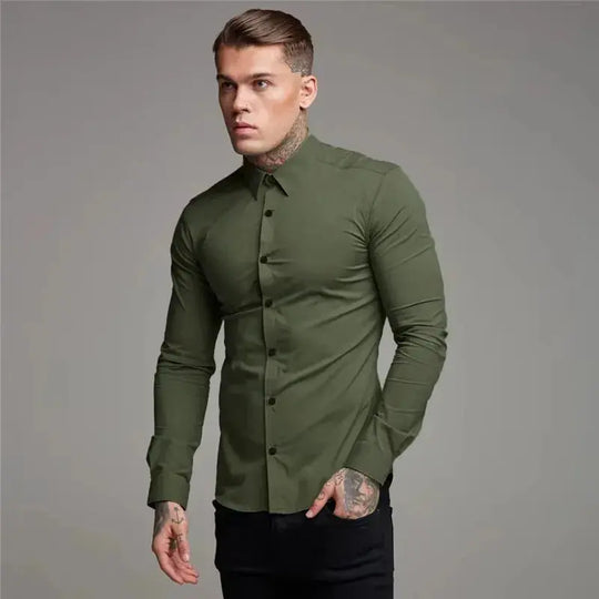 Men's Shirt Fashion Full Sleeve Shirt Men's Muscle Casual Slim-fit Business Dress Solid Color Shirt Men's Gym Fitness Men Shirt Beauty hair & fashionfj