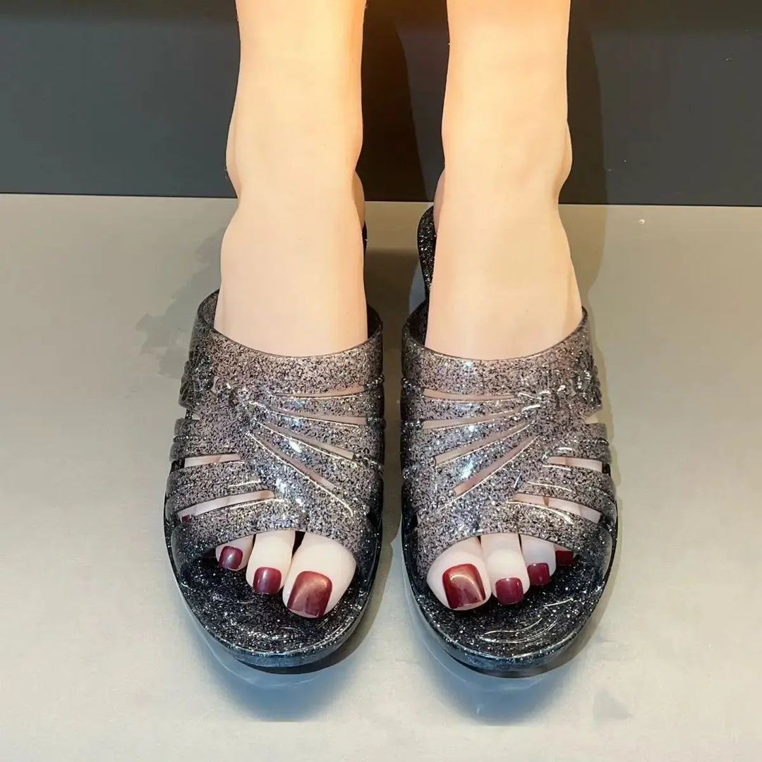 Transparent Jelly Slippers Women's Summer Wedged Heel Mules Shoes Woman Sparkling Glitter Sandal Open Toe Outdoor Clear Slipper Beauty hair & fashionfj