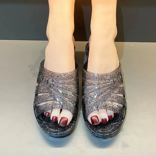 Transparent Jelly Slippers Women's Summer Wedged Heel Mules Shoes Woman Sparkling Glitter Sandal Open Toe Outdoor Clear Slipper Beauty hair & fashionfj