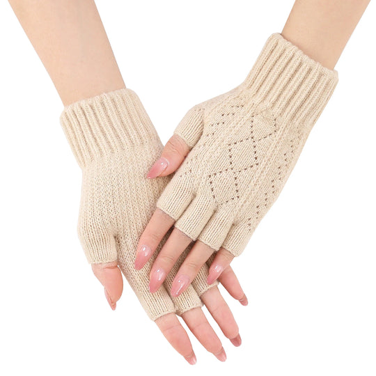 Rimiut Women Fashion Autumn Winter Half finger gloves knitted with grid pattern Solid color gloves
