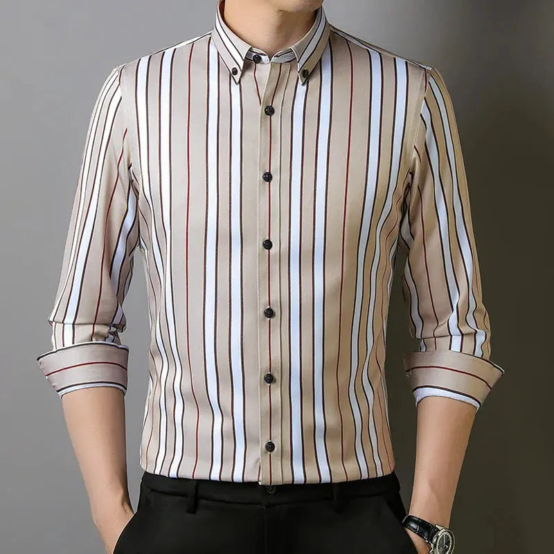 Men's Striped Button-Down Collar Design Iron-Free Dress Shirts, Long Sleeve Stretchy Casual Button Up Shirt for All-Seasons Beauty hair & fashionfj