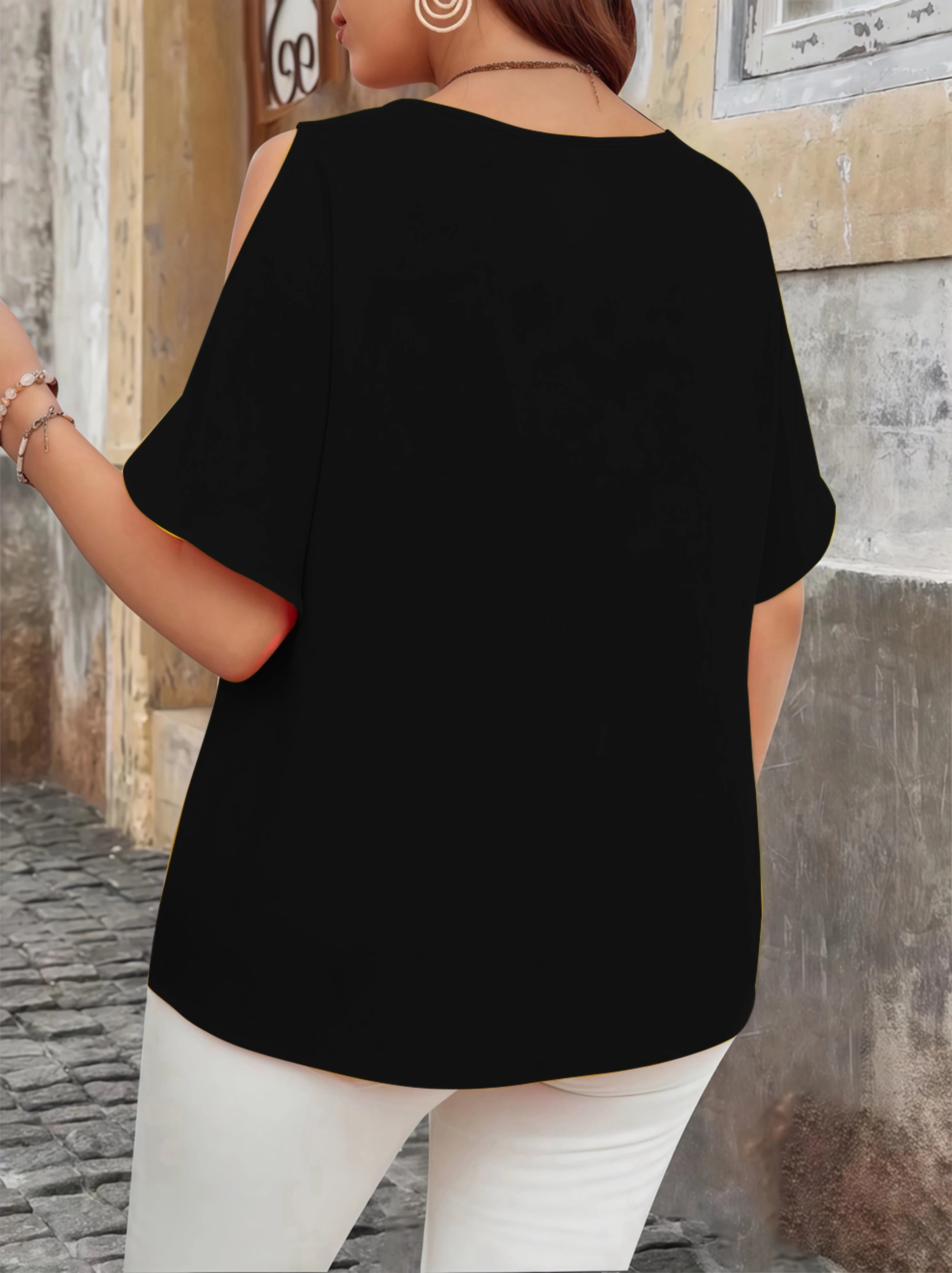 Elegant Off-Shoulder Wave V-Neck T-Shirt - Solid Color Plus Size Women's Blouse, Fashion Casual Short Sleeve Summer Top Beauty hair & fashionfj