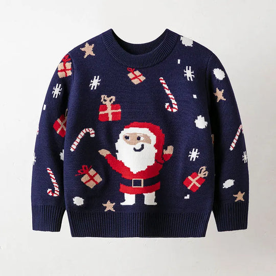 Kid Boys and Girls Casual Long Sleeves Top with Cartoon Prints in Christmas Blue Series Unisex Sweater for Children Comfortable