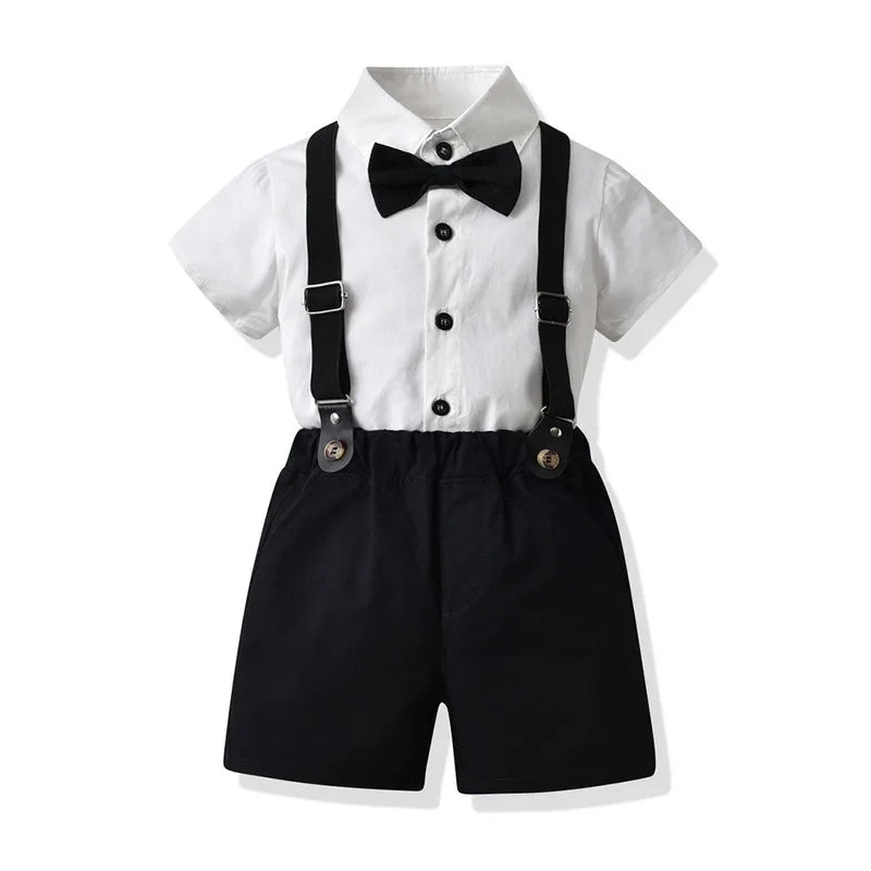 Boys' Formal Outfit Set with Short Sleeve Shirt Bow Tie Suspenders and Shorts Elegant Suit for Wedding and Halloween Party