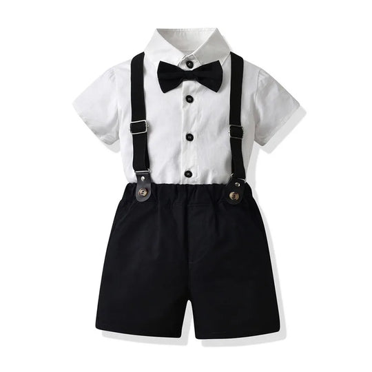 Boys' Formal Outfit Set with Short Sleeve Shirt Bow Tie Suspenders and Shorts Elegant Suit for Wedding and Halloween Party