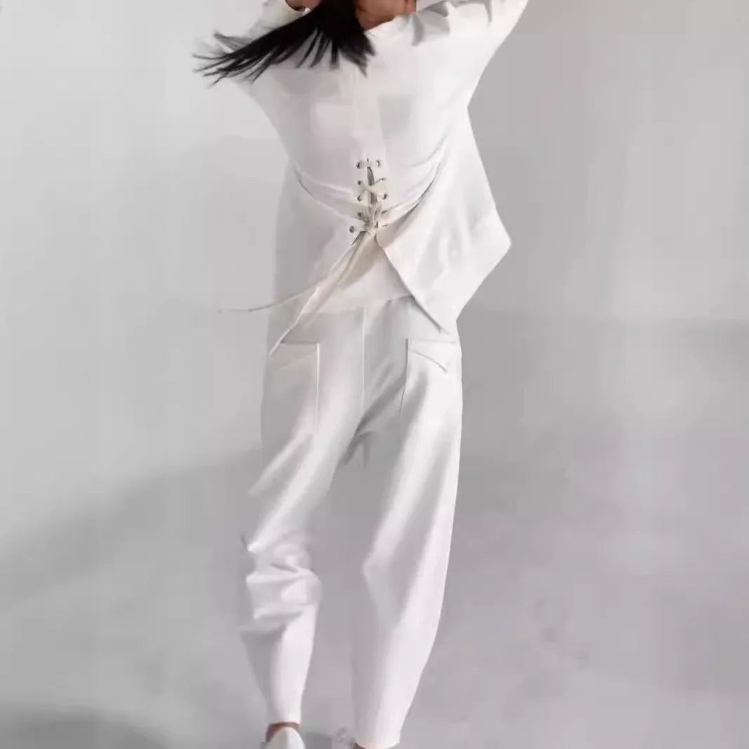 Women's suits 2024 European and American new fashion lace-up technology multi-pocket trendy sports solid color casual pants suit Beauty hair & fashionfj