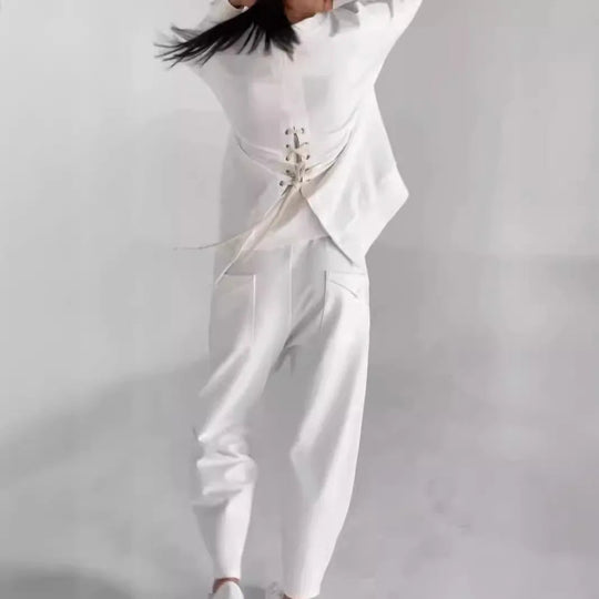 Women's suits 2024 European and American new fashion lace-up technology multi-pocket trendy sports solid color casual pants suit Beauty hair & fashionfj
