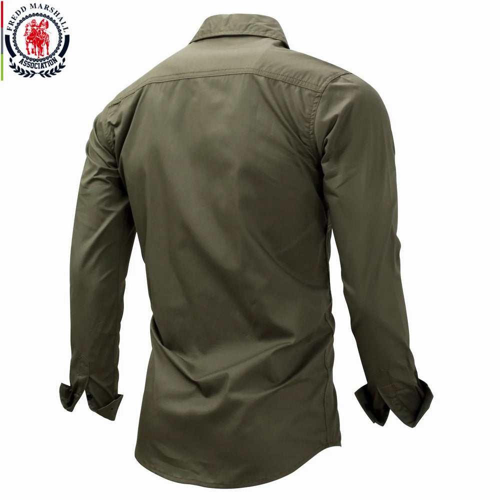 Fredd Marshall 2023 Fashion Military Shirt Long Sleeve Multi-pocket Casual Shirts Brand Clothes Army Green Camisa Masculina 117 Beauty hair & fashionfj