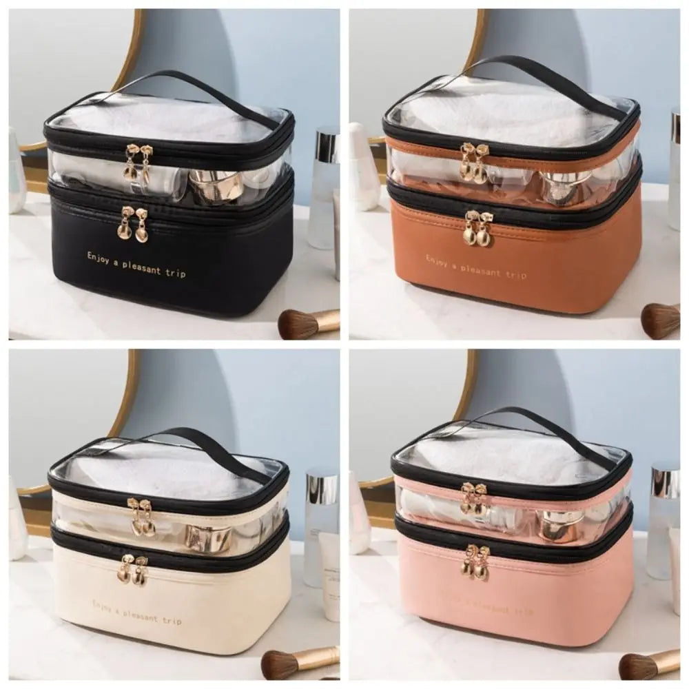 Waterproof Transparent Cosmetic Box PVC Double Layers Travel Toiletries Storage Bag PU Toiletries Organizer