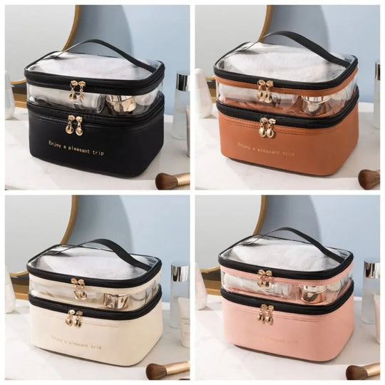 Waterproof Transparent Cosmetic Box PVC Double Layers Travel Toiletries Storage Bag PU Toiletries Organizer