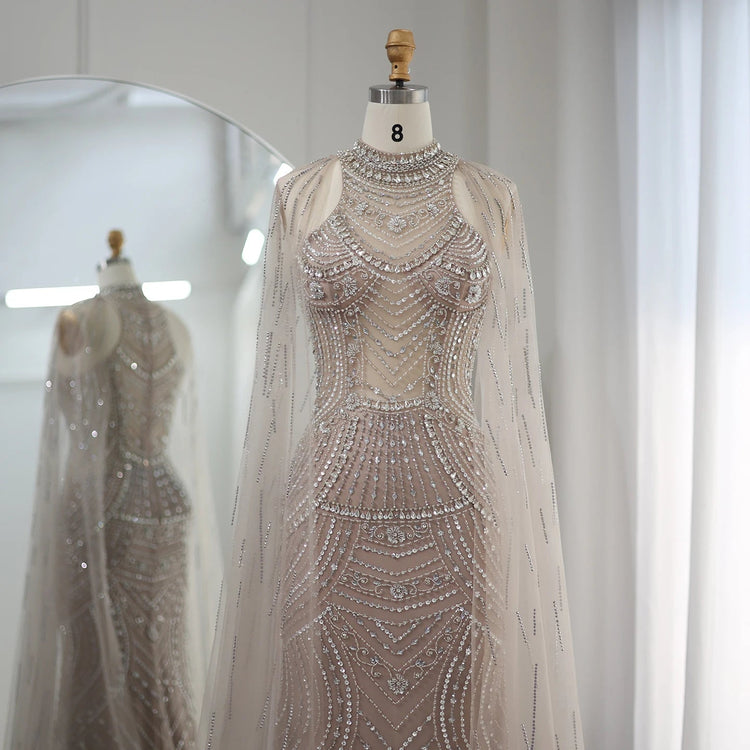 Sharon Said Luxury Dubai Caramel Mermaid Evening Dresses for Wedding Party Cape Sleeves High Neck Prom Dress SS077 Customized Beauty hair & fashionfj