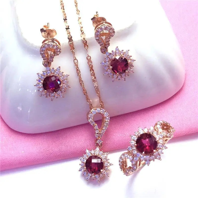 585 Purple Gold Plated 14K Rose Gold Chain Ruby Set necklace earrings rings luxury ladies wedding engagement jewelry Beauty hair & fashionfj