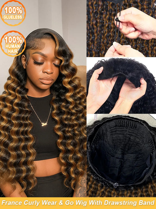 1b30 Highlight Half wig wear and go 3in1 Headband Wigs Human Hair Water Wave Wigs 100% Hair Curly wig Deep Wave Human Hair Wig