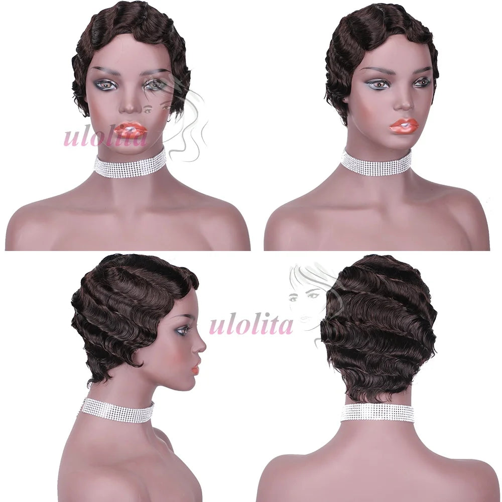 Short Finger Wave Wig Human Hair Wig For Women 99J Burgundy Brown Short Ocean Wave Wig Pixie Cut Wigs for Woman Natural Color Beauty hair & fashionfj