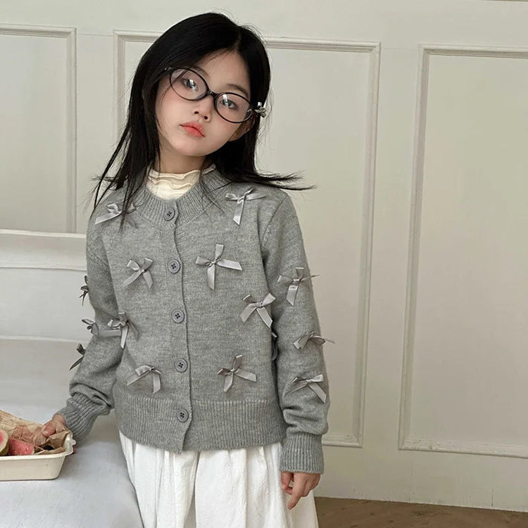 Elegant School Girl Cotton Sweaters Gray Color Cardigan with Bows for Girls Kids Knitwear Fashion Autumn Teen Baby Knit Clothes Beauty hair & fashionfj