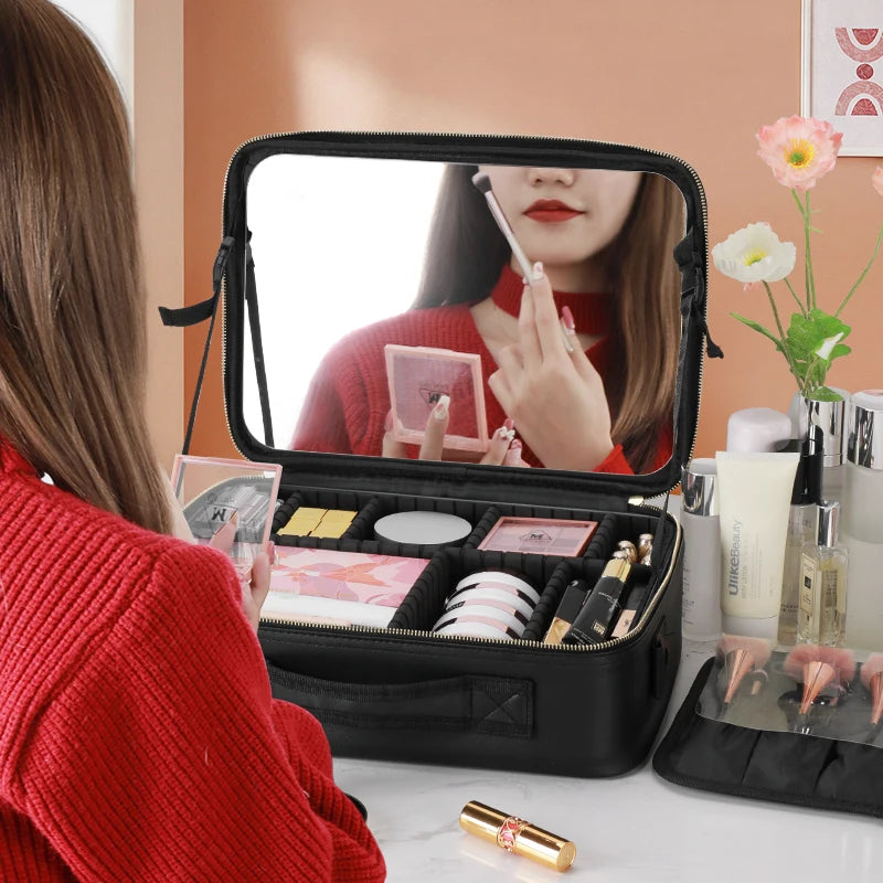 Makeup Bag, Makeup Travel Bag Large Capacity Waterproof Cosmetic Organizer Bag with Makeup Brush Compartment & Handle for Women